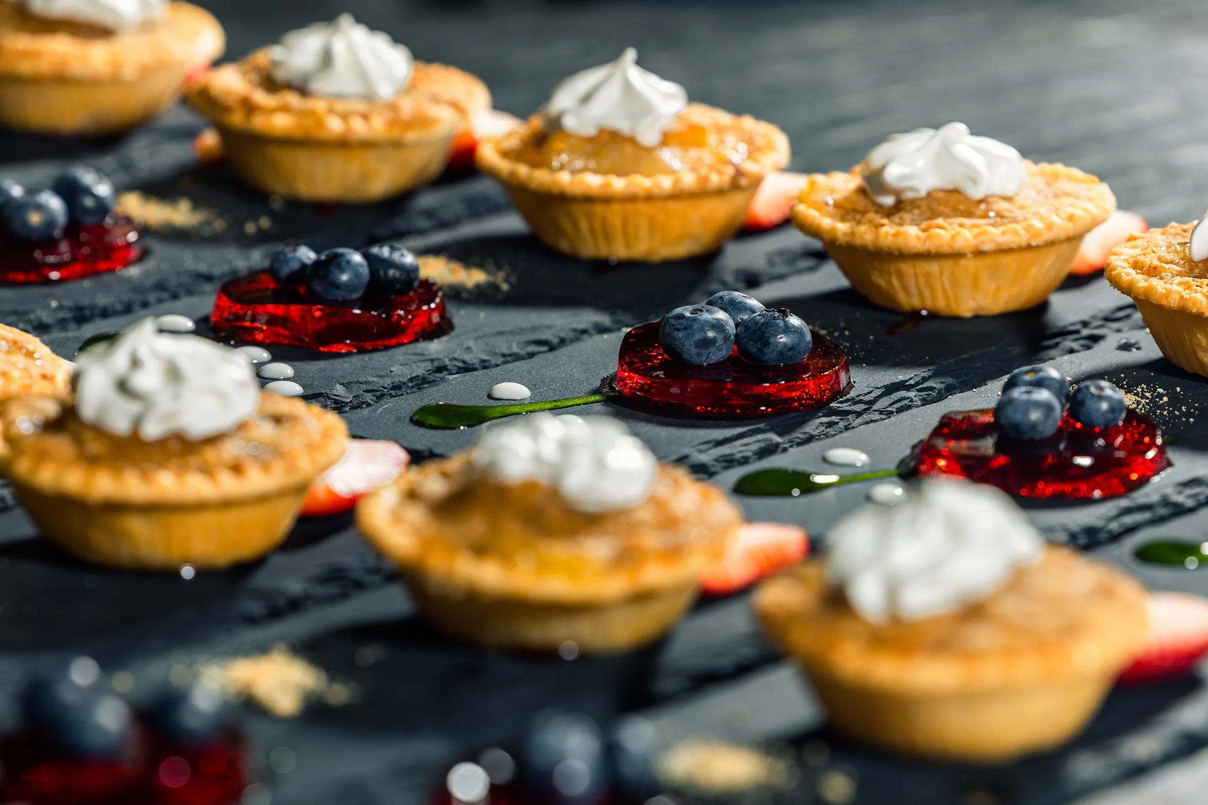 gourmet desserts with blueberries and whipped topping