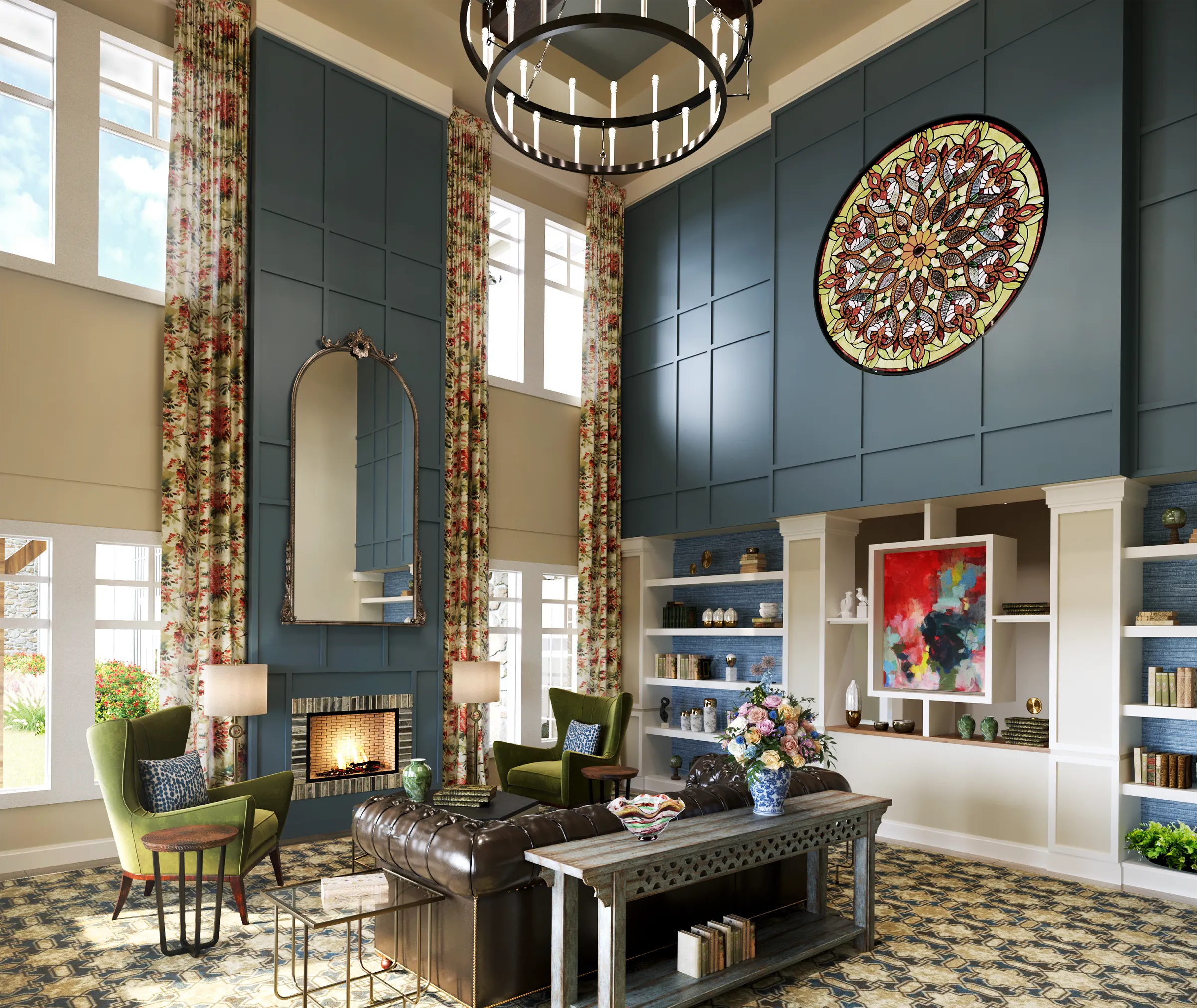 great room with two story fireplace inside senior living community