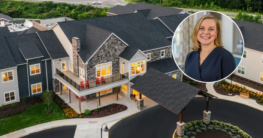 Alt Text: exterior view of a senior living community with the Executive Director in Hanover County, Virginia